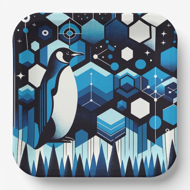 Assiettes En Carton Pingouin Bleu Profond En Hiver Motif Ciel Antarcti (Recto)