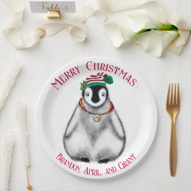 Assiettes En Carton Pingouin de Noël mignon, animal arctique festif (Mariage)