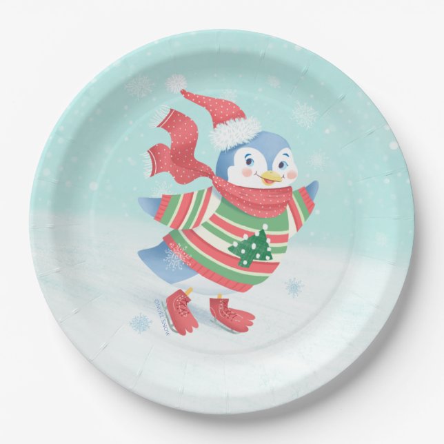 Assiettes En Carton Pingouin de patinage sur glace bleu (Devant)