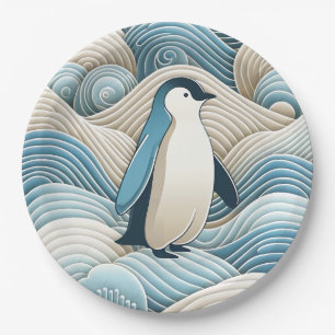 Assiettes En Carton Pingouin En Crème Bleu Vagues Abstraites