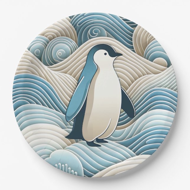 Assiettes En Carton Pingouin En Crème Bleu Vagues Abstraites (Devant)