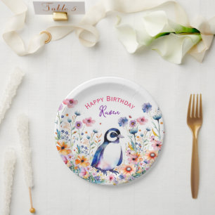 Assiettes En Carton Pingouin en fleurs Fille Anniversaire Personnalisé