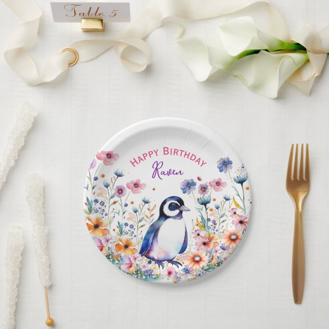 Assiettes En Carton Pingouin en fleurs Fille Anniversaire Personnalisé (Mariage)
