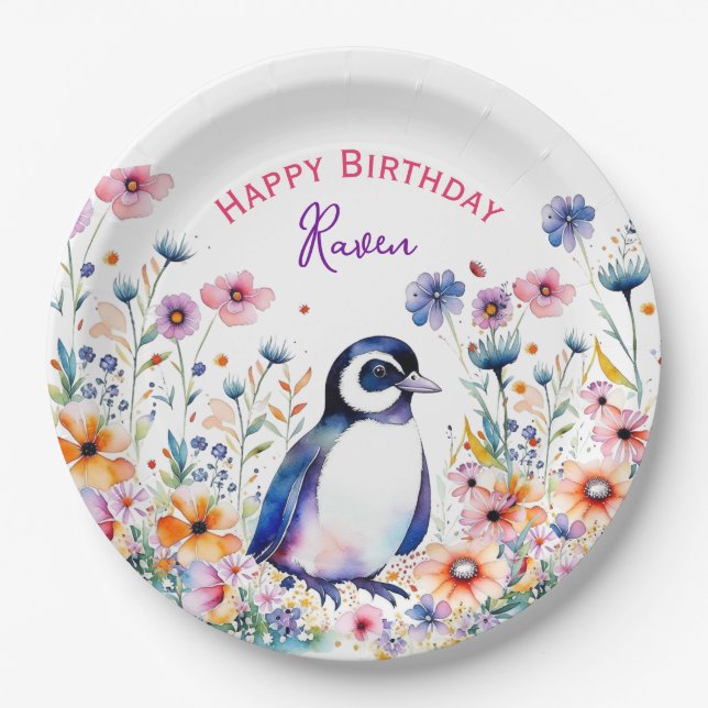Assiettes En Carton Pingouin en fleurs Fille Anniversaire Personnalisé (Devant)