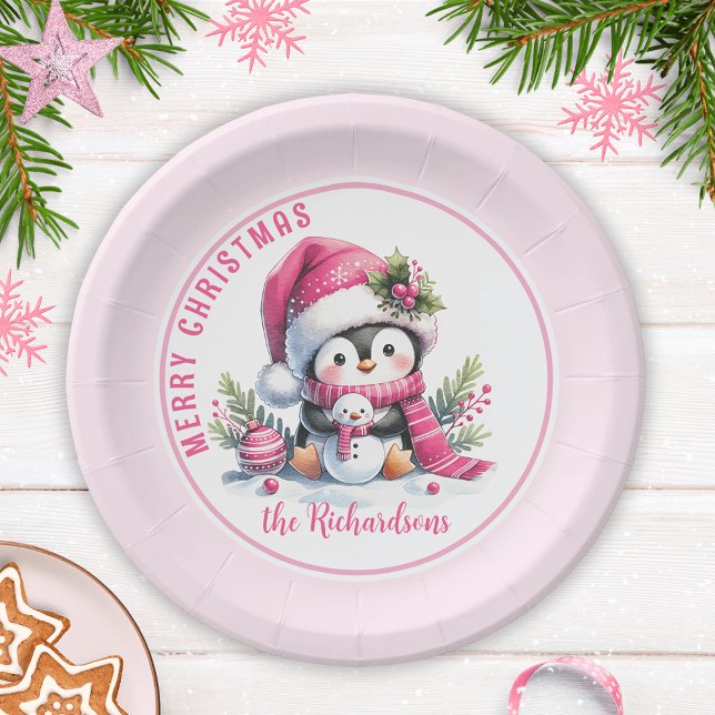 Assiettes En Carton Pingouin rose mignon Personnalisé Joyeux Noël (Créateur téléchargé)