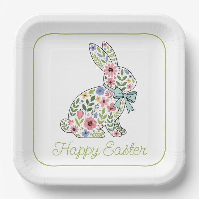 Assiettes En Carton Pink and Blue Wildflower Easter Rabbit (Recto)