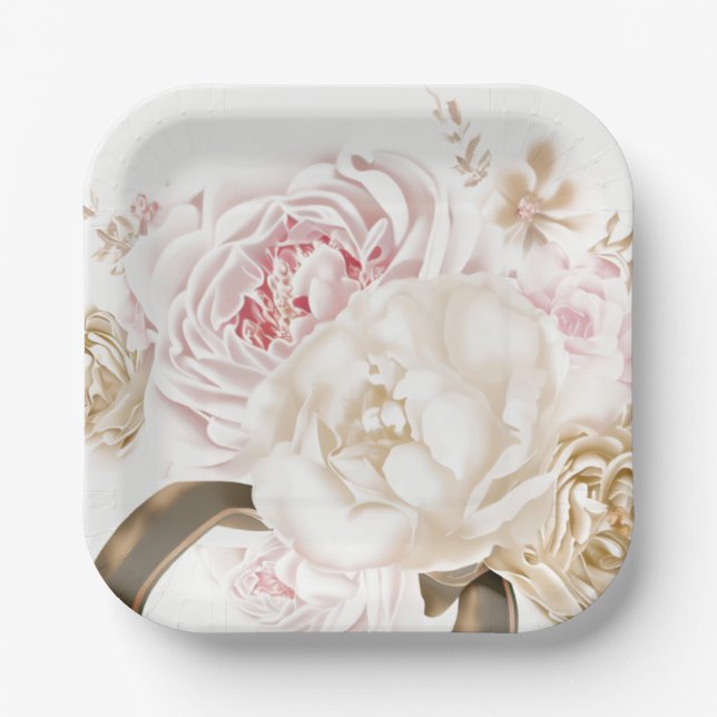 Assiettes En Carton Pink and Cream Rose Peony Wedding  (Recto)
