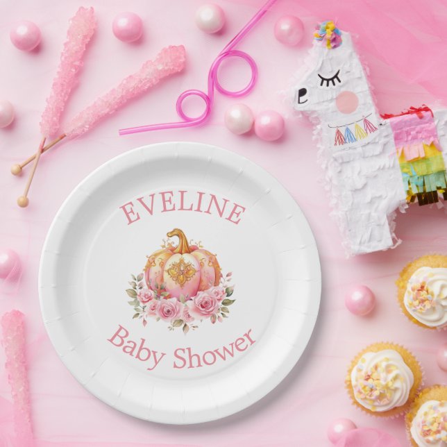 Assiettes En Carton Pink and Gold Halloween Little Citrouille Baby sho (Fête)