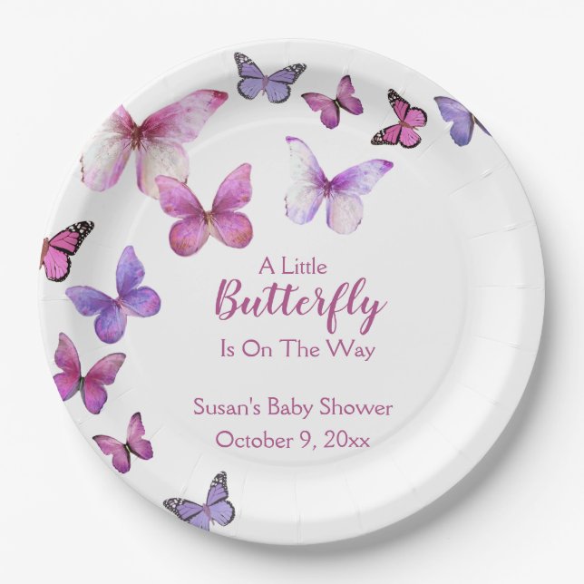 Assiettes En Carton Pink and Purple A Litte Butterfly Baby Shower  (Devant)