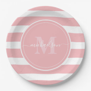 Assiettes En Carton Pink and White Stripes Nom du monogramme