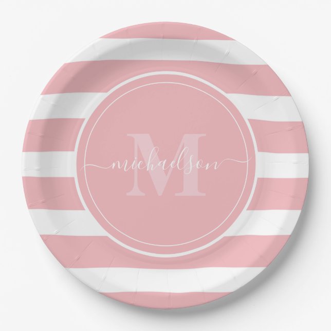 Assiettes En Carton Pink and White Stripes Nom du monogramme (Devant)