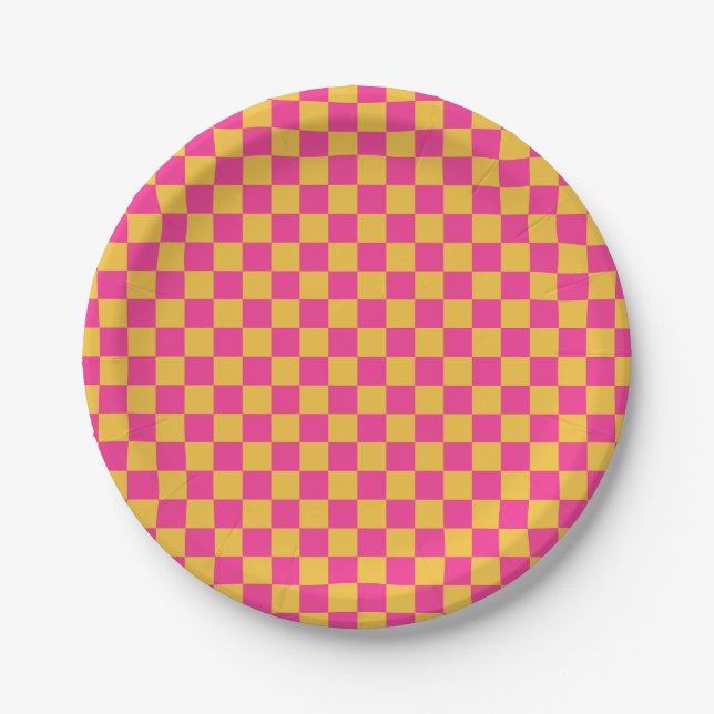 Assiettes En Carton Pink and Yellow Checkerboard (Devant)