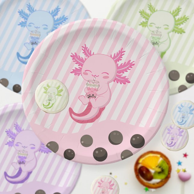 Assiettes En Carton Pink Axolotl Bubble Boba Par Thé Anniversaire Papi (Créateur téléchargé)