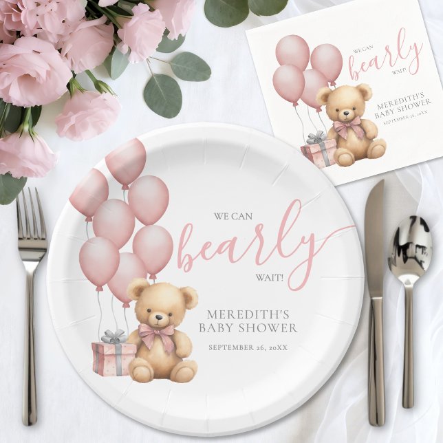 Assiettes En Carton Pink Balloon Bear Baby Shower (Pink Balloon Bear Baby Shower Paper Plates)