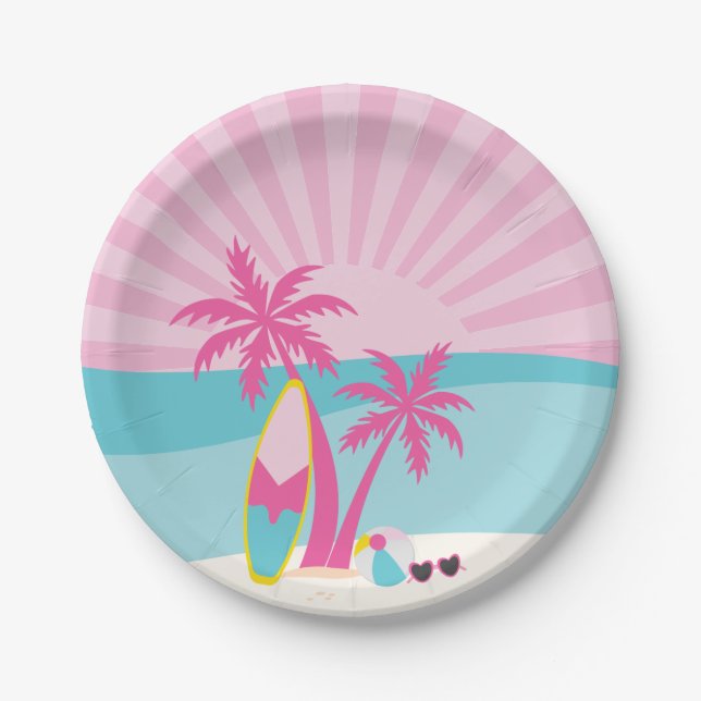 Assiettes En Carton Pink Beach Palm Birthday (Devant)