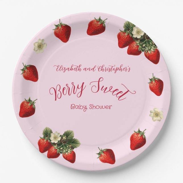 Assiettes En Carton Pink Berry Sweet Red Strawberry Girl Baby Shower (Devant)