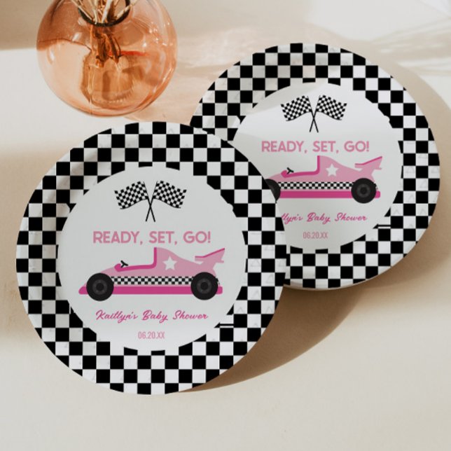 Assiettes En Carton Pink Black Race Car Ready Set Go Baby shower (Créateur téléchargé)