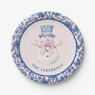 Assiettes En Carton Pink & Blue Christmas Snowman W/ Damask Border