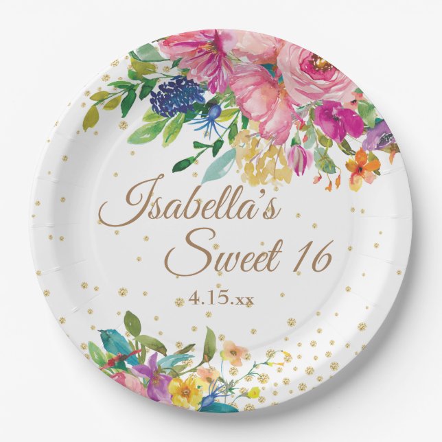 Assiettes En Carton Pink Blue Jaune Floral Sweet 16 Anniversaire Nom (Devant)