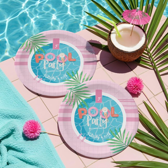 Assiettes En Carton Pink & Blue Tropical Summer Birthday Pool Party (Tropical Pink & Blue Summer Birthday Pool Party Paper Plates)