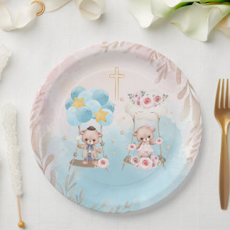Assiettes En Carton Pink & Blue Twin Teddy Bears on Swing Gold Cross