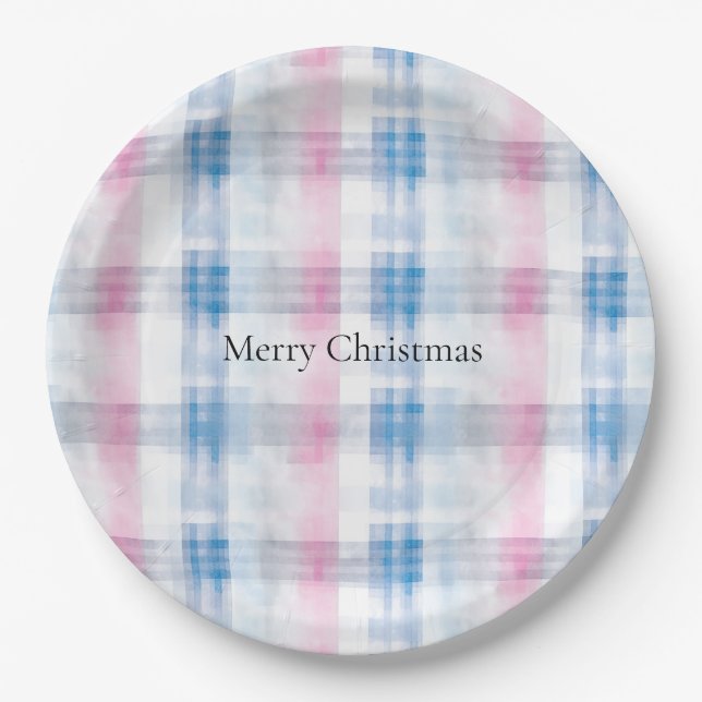 Assiettes En Carton Pink Blue White Plaid Stripes Christmas (Devant)