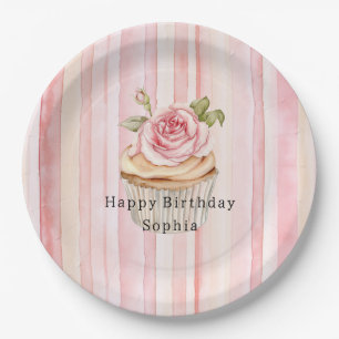 Assiettes En Carton Pink Blush Crème rayures Rose Cupcake Anniversaire