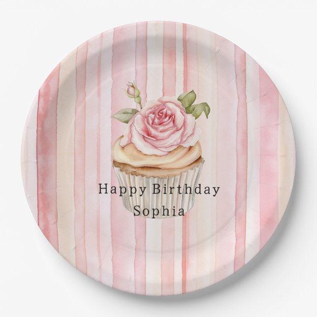 Assiettes En Carton Pink Blush Crème rayures Rose Cupcake Anniversaire (Devant)