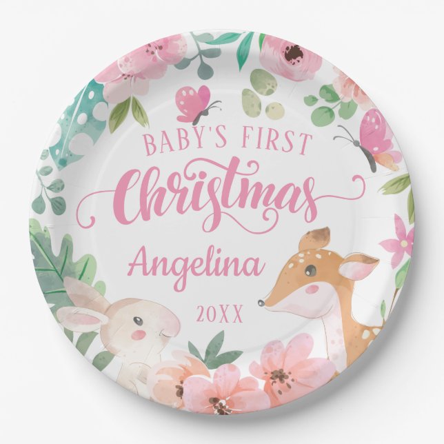 Assiettes En Carton Pink Blush Floral Woodland Baby's 1er Noël (Devant)