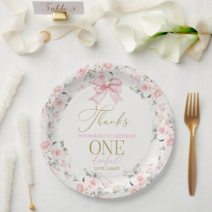 Assiettes En Carton Pink Bow 1er anniversaire fille