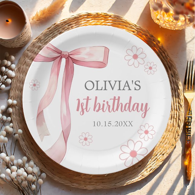 Assiettes En Carton Pink Bow 1er anniversaire fille (Créateur téléchargé)