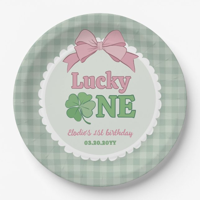 Assiettes En Carton Pink Bow Clover Lucky One Girl 1st Birthday (Devant)