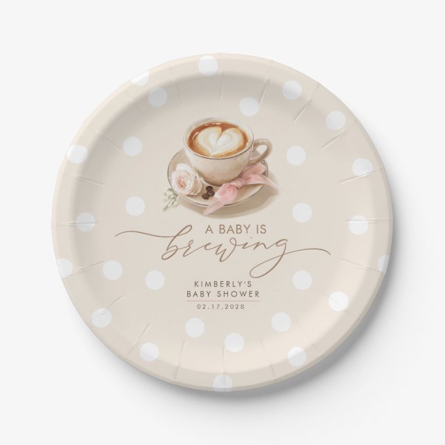 Assiettes En Carton Pink Bow Coffee Baby Is Brewing Girl Baby Shower (Devant)