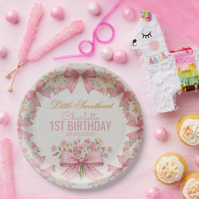 Assiettes En Carton Pink Bow Coquette Floral 1st Birthday Personalized (Fête)
