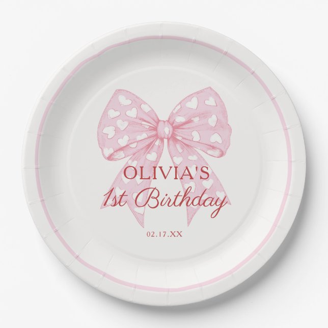 Assiettes En Carton Pink Bow FEMME Fille 1er anniversaire fête (Devant)