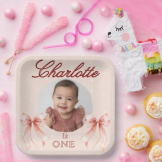 Assiettes En Carton Pink Bow First Birthday!