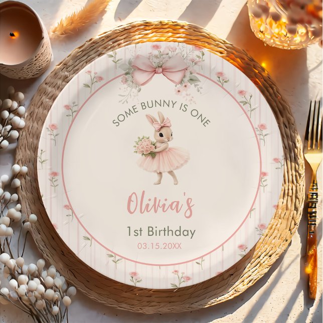 Assiettes En Carton Pink Bow & Floral Some Bunny is One 1st Birthday (Créateur téléchargé)