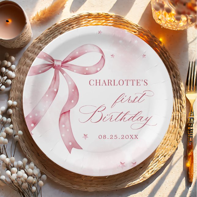 Assiettes En Carton Pink Bow Girl 1er anniversaire (Créateur téléchargé)