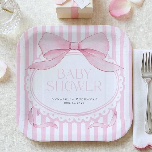 Assiettes En Carton Pink Bow Girl Coquette Striped Baby Shower  (Créateur téléchargé)