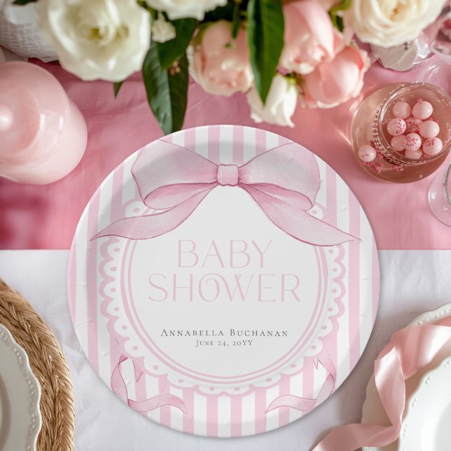 Assiettes En Carton Pink Bow Girl Coquette Striped Baby Shower  (Créateur téléchargé)