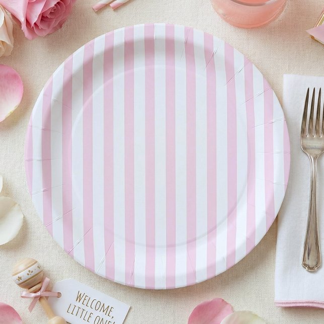 Assiettes En Carton Pink Bow Girl Coquette Striped Baby Shower  (Créateur téléchargé)
