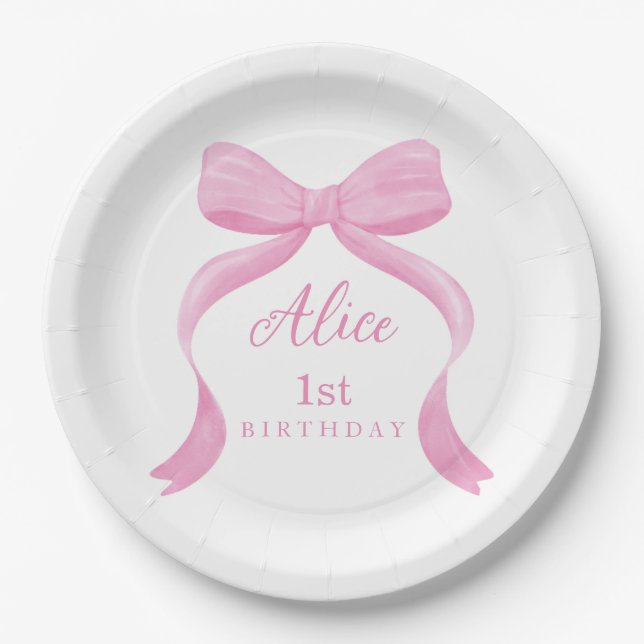 Assiettes En Carton Pink Bow Girl First Birthday (Devant)
