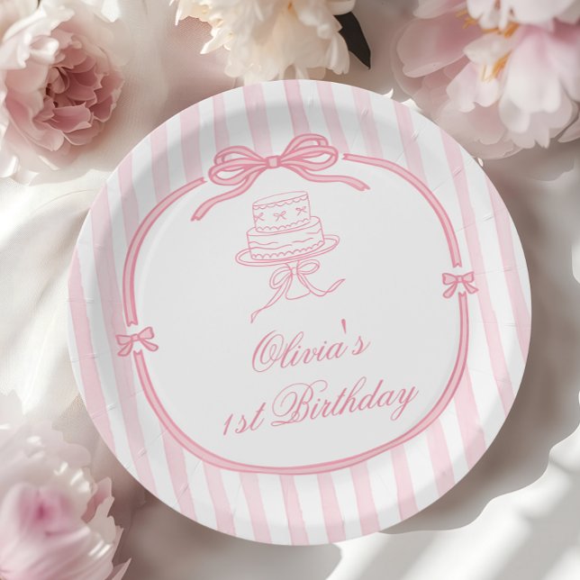 Assiettes En Carton Pink Bow Girl First Birthday (Créateur téléchargé)
