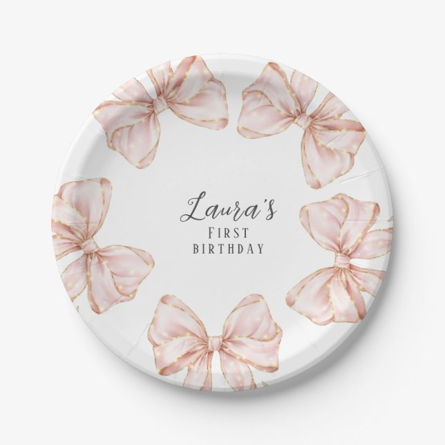 Assiettes En Carton Pink Bow Girl First Birthday Party  (Devant)