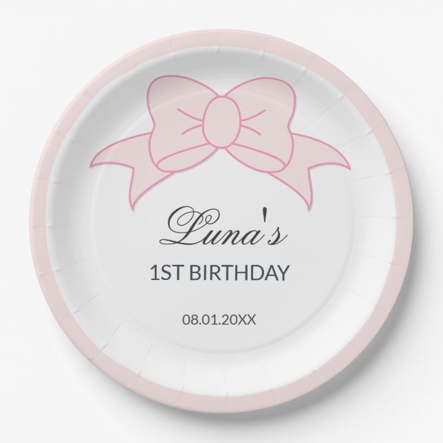 Assiettes En Carton Pink Bow Girl Kids 1st Birthday  (Devant)