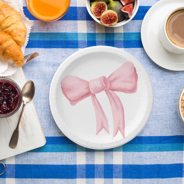 Assiettes En Carton Pink Bow Monogram Preppy (Créateur téléchargé)