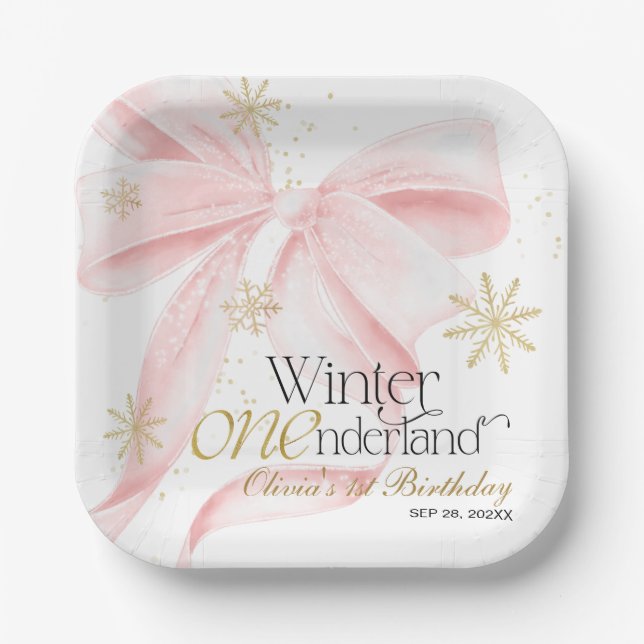 Assiettes En Carton Pink Bow Winter Onederland 1st Birthday (Recto)