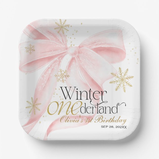 Assiettes En Carton Pink Bow Winter Onederland 1st Birthday (Recto)