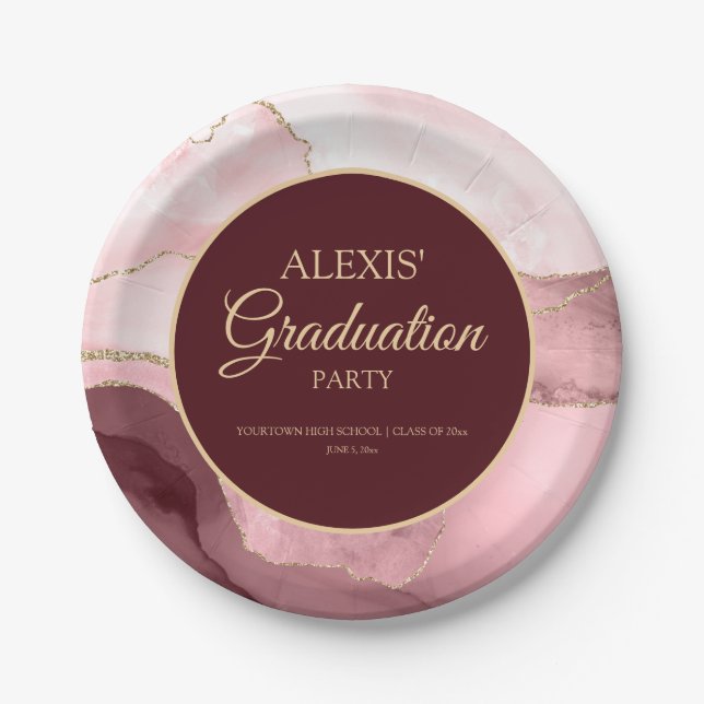 Assiettes En Carton Pink Burgundy Gold Marble Agate Graduation (Devant)