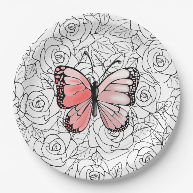 Assiettes En Carton Pink Butterfly And Roses Paper Plates (Devant)